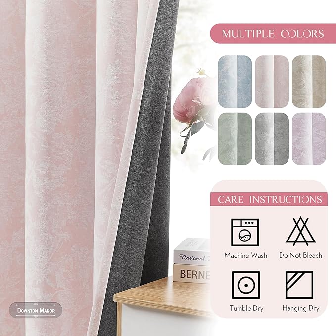 Beauoop Pink Floral Jacquard Blackout Curtains 72 Inches Long 2 Panels for Bedroom Living Room Chenille Flower Room Darkening Thermal Insulated Soundproof Grommet Window Treatments Drapes, 52x72