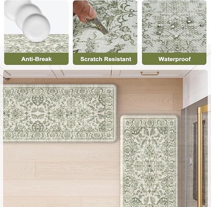 KIMODE Anti Fatigue Kitchen Mat Set, Non Slip Waterproof Kitchen Rug Set of 2, Boho Rugs for Kitchen, Ergonomic Standing Kitchen Sink Mats for Floor, 17"x29.5"+17" x47”, Green