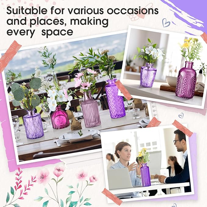 Yaomiao 30 Pcs Vases Bulk Colored Flower Glass Bud Vases Valentine Vintage Colored Glass Bottles Colorful Rustic Embossed for Home Wedding Table Decorations Gifts(Purple Series)