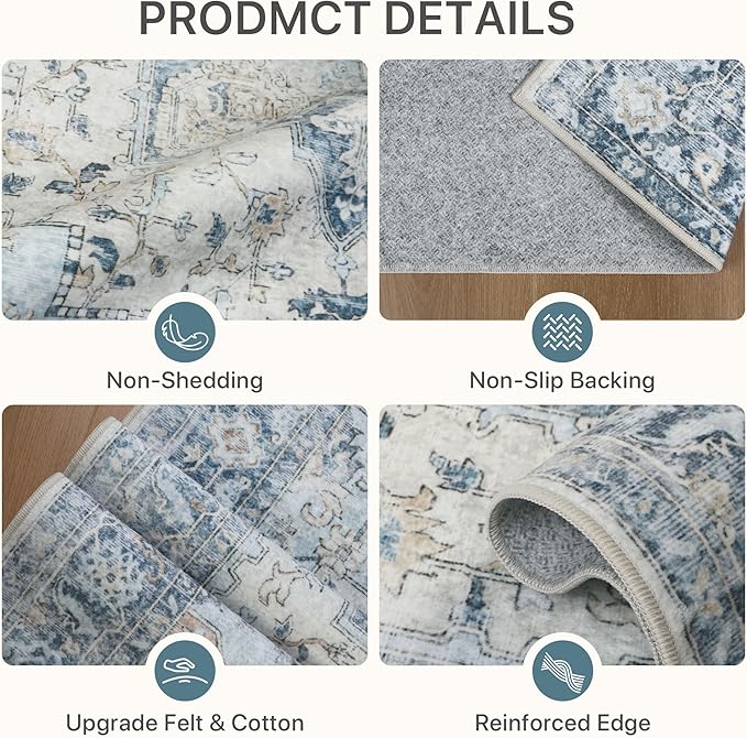 BESBLEE 3x5 Area Rugs for Living Room, Machine Washable Rug, Non Slip Vintage Rugs, Low Pile Lightweight Print Rug for Bedroom, Dining Room, Home Office, Blue