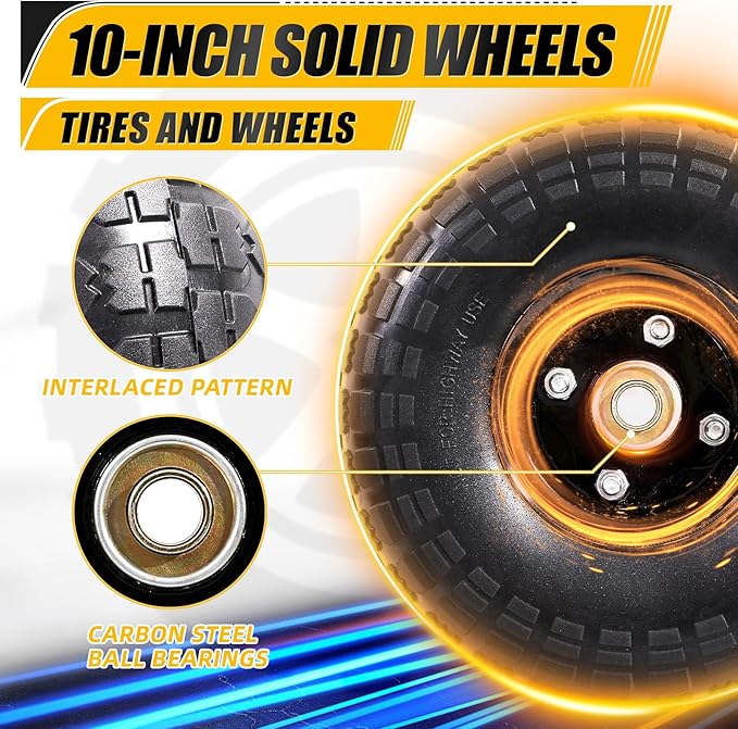 MZREXN 2-Pack 10" Flat Free Solid Tires 4.10/3.50-4 Tire and Wheel, with 5/8" Axle Bore Hole, 2"-2.2" Offset Hub, for Hand Truck, Garden Cart,Trolleys, Yard Trailers, Utility Cart, Black
