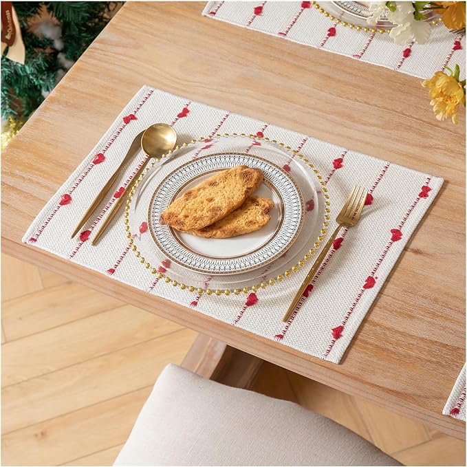 Christmas Valentines Placemats Set of 6, Cotton Linen Woven Table Mats for Modern Dining Table, 13x19 Inch Rustic Kitchen Valentine's Day Decorations Red Place Mats