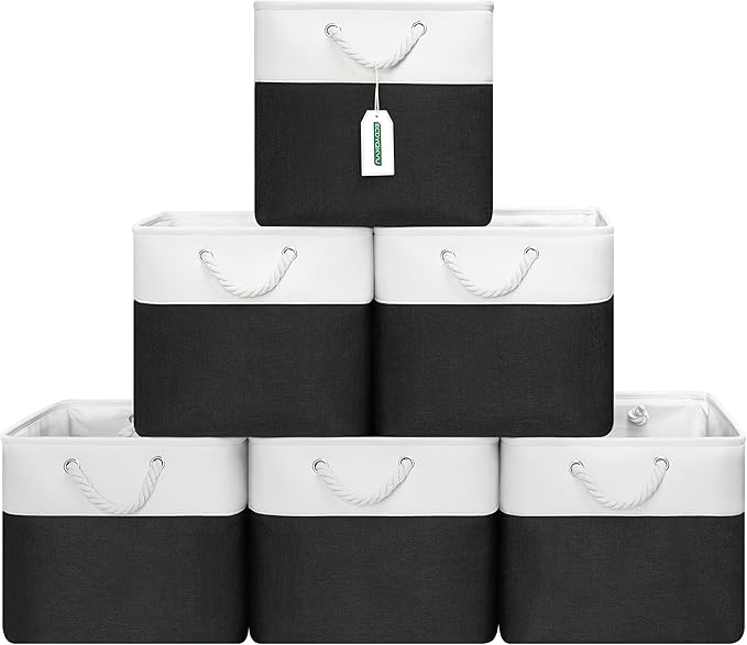13x13 Inch Cube Storage Bins with Reinforced Bottom Cardboard, 6 Pack Large Foldable Fabric Storage Cubes with Handles for Shelf, Closet, Laundry Organization (White&Black)