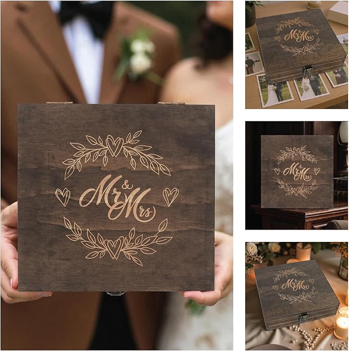 Mr and Mrs Wedding Memory Box- Wooden Keepsake Box with Lid for Couples, Rustic Storage Box for Cards, Photos & Mementos, Valentine’s Day, Wedding Anniversary & Engagement Gift- 8.5 x 8 x 2.4 Inches