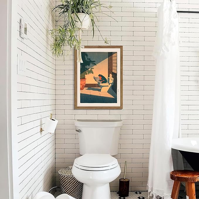 Funny Frog Bathroom Decor Wall Art, Cute Japanese Animal Canvas Wall Decor Painting, Whimsical Frog on Toilet Reading Newspaper Artwork Poster Prints Pictures for Bathroom Restroom 16x24 Inch