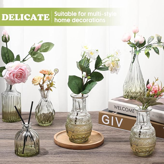 Inbagi 20 Pcs Glass Bud Vase Set - Green Small Flower Vases Bulk, Vintage Embossed Decorative Bottles for Wedding Valentine Home Table Centerpieces Decor