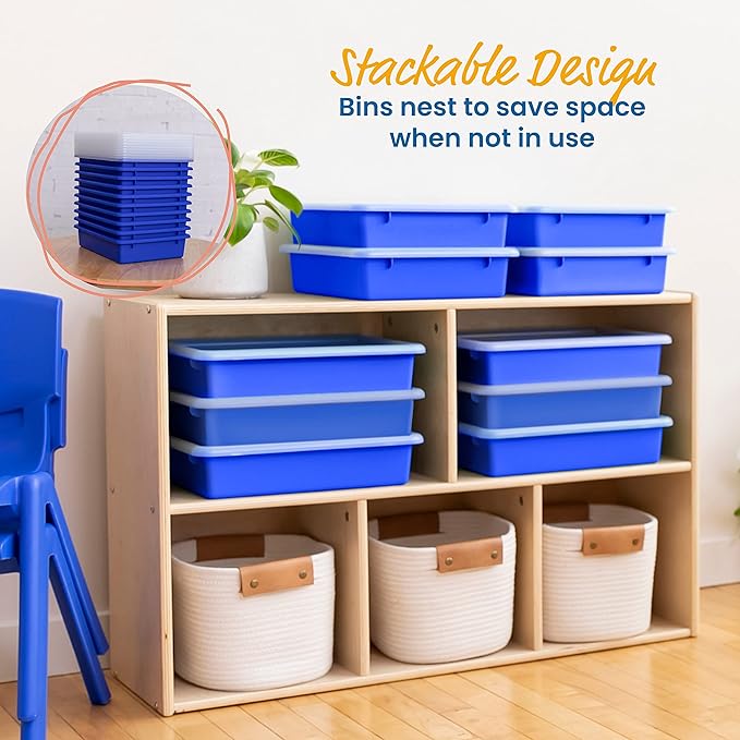 ECR4Kids Letter Size Tray with Lid, Storage Bin, Blue, 10-Piece