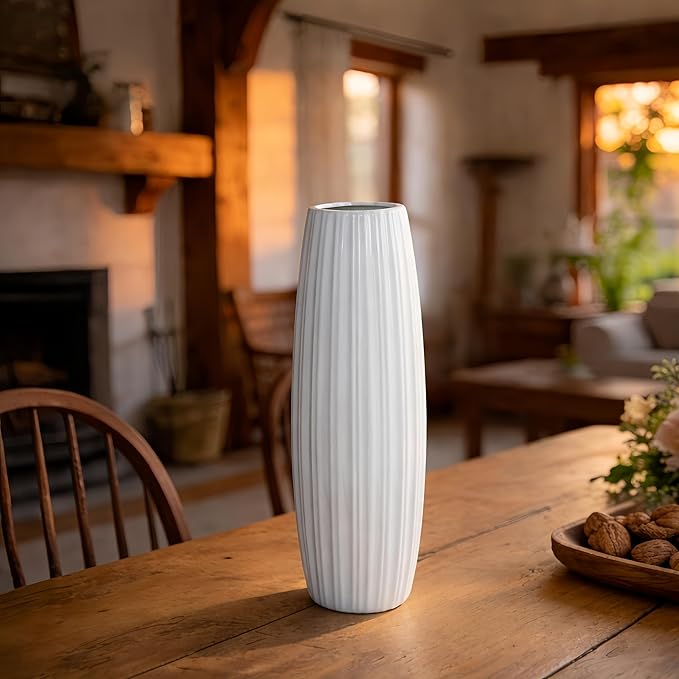 12 Inch White Vase Ceramic Flower Vase, Tall Vases for Pampas Grass, Home Decor, Modern Textured Vases for Living Room Decorations,Table Centerpieces,Shelf,Farmhouse Small Ceramic Vase