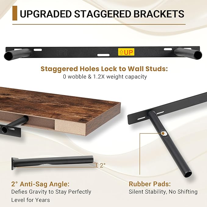 Vivelove 12" Deep Floating Shelves for Wall, [Wood Grain Texture] 35.4" Long Wall Shelves for Living Room Bedroom Bathroom Kitchen Office, Farmhouse Rustic Shelves Home Decor, Set of 2, Rustic Brown