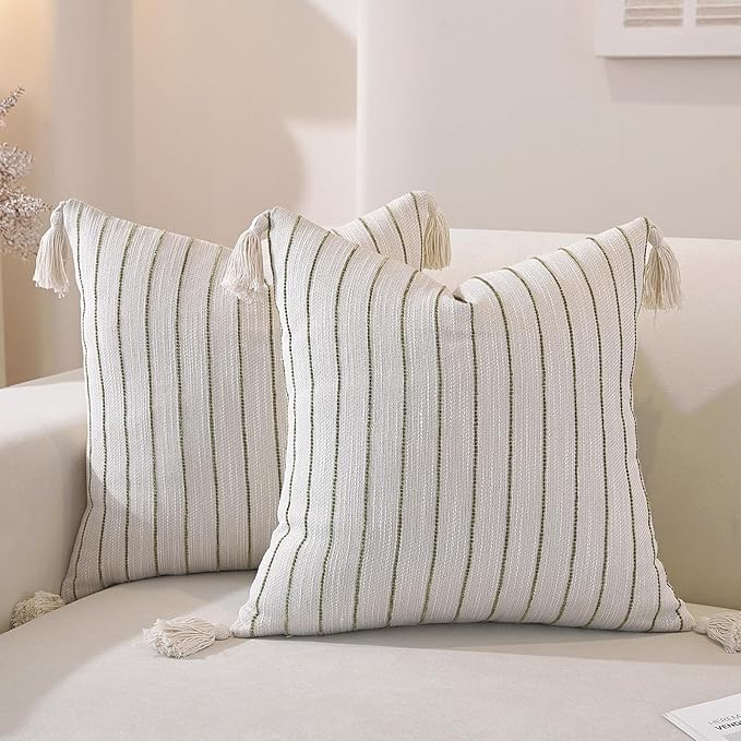 QDTTSRY Boho Throw Pillow Covers 20x20 Inch Set of 2, Textured Linen Striped Square Pillow Covers with Tassels, Soft & Cozy Farmhouse Décor Pillow Cases for Sofa Couch Bed Living Room, Green