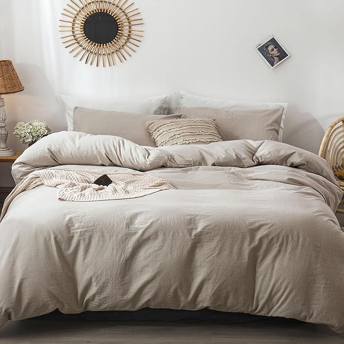 MooMee Bedding Duvet Cover Set 100% Washed Cotton Linen Like Textured Breathable Durable Soft Comfy (Heathered Tannish Linen Grey, Full 80"x90")