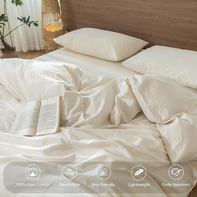 MooMee Striped Duvet Cover Set 100% Washed Cotton Linen Like Textured Breathable Durable Soft Comfy (Almond Milk Grey Pinstripes, Cal King 104"x98")