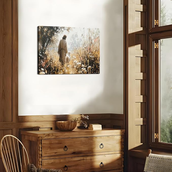 Jesus Leaves The 99 Sheep Canvas Wall Art, Christian Jesus Lamb Wall Decor Paintings, Lost Sheep Religious Bible Posters Prints Pictures for Church Living Room Bedroom 12x16 Inch Framed