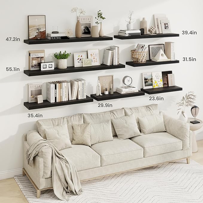 Fun Memories 55 Inch Fireplace Mantel Shelf, 9.3" Deep Floating Shelves for Wall, Long Wall Mounted Farmhouse Display Shelves with Invisible Heavy Duty Metal Bracket, Black, 2 Pack