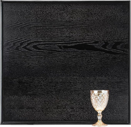 24 x 24 Inches Large Square Black Solid Wood Ottoman Tray, Serve Tea, Coffee or Breakfast in Bed, Classic Wooden Decorative Serving Tray with Raised Edges, Kitchen Party Bar Server Table Tray