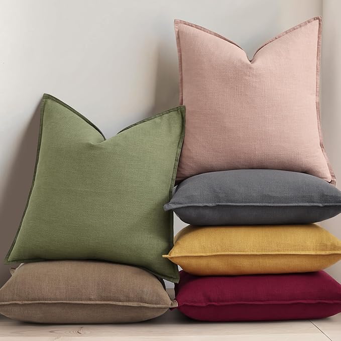 decorUhome Spring Decorative Linen Euro Sham Throw Pillow Covers 24x24 Inch Set of 2 Khaki Brown Pillow Covers with Flange Edges Soft Farmhouse Boho Accent Pillow Cases for Couch Bed Living Room