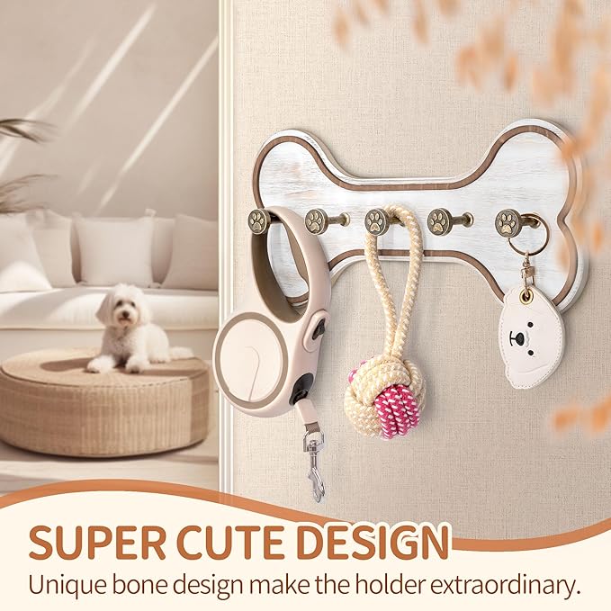 MTERSN Rustic Farmhouse Dog Leash Holder for Wall - Decorative Key Hooks Wall Mount with Bone Shape and Coat Hanger for Entryway - Pets Accessories Storage for Dog Lover Gifts (Distressed White)
