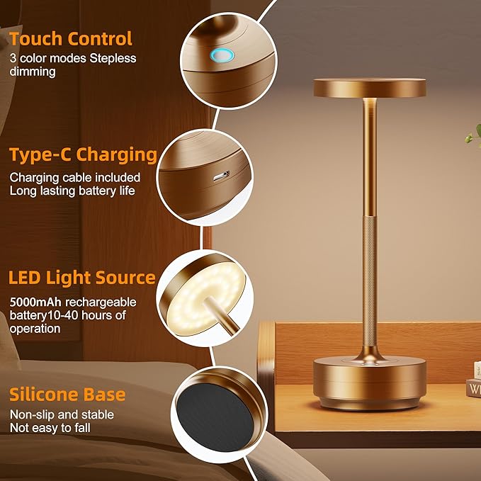 2 Pack Cordless Table Lamp Rechargeable - Waterproof, Touch 3-Color Lighting Portable LED Table Light for Outdoor,Patio,Restaurant.(2 Pack Titanium)