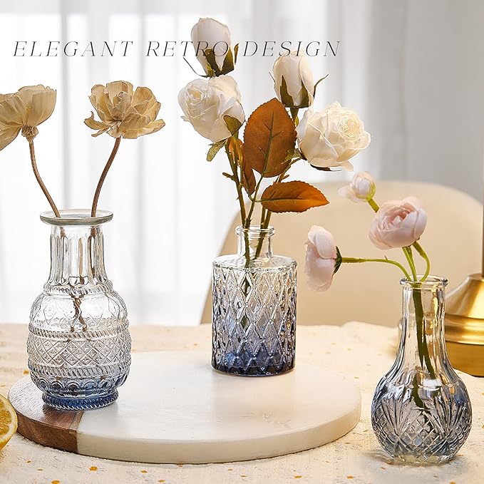 Glass Bud Vase Set of 16, Small Flower Vases, Glass Vases for Centerpieces, Vintage Home Table Decorations Bud Vases (16 Pcs, Blue)
