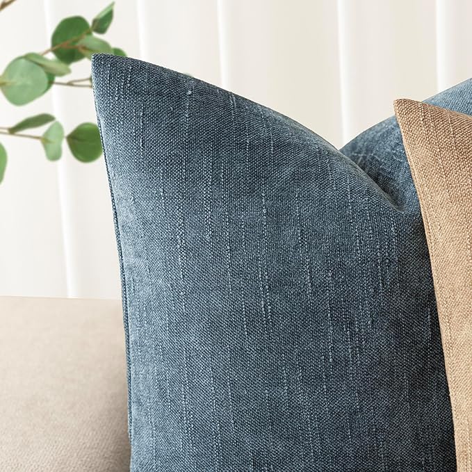 Foindtower Pack of 2 Soft Textured Chenille Throw Decorative Pillow Covers Square Accent Solid Cushion Cover Cozy Neutral Farmhouse Pillow Case for Couch Sofa Bedroom Living Room 16x16 Inch,Blue