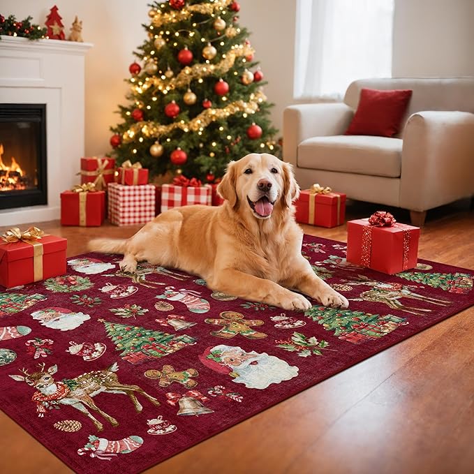 Kokia 2x3 Indoor Christmas Area Rugs for Entryway, Bedroom, Kitchen, Office, Machine Washable Small Door Mat with Santa, Christmas Tree, Bell, Reindeer and Holly, Santa Red