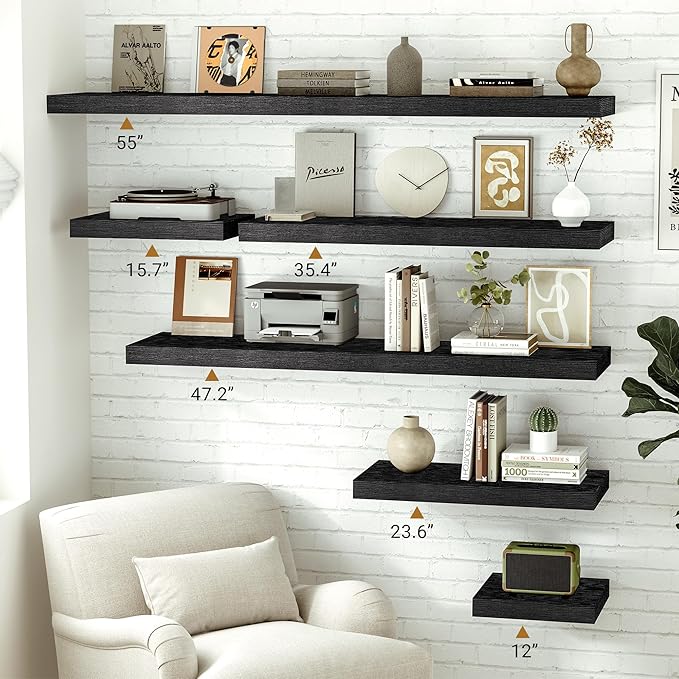 Vivelove Black Floating Shelves 23.6 Inches Wide, 12" Deep Wall Shelves for Bedroom, Bathroom, Living Room, Kitchen, Office, Rustic Home Decor Shelf with Invisible Brackets, 23.6X12X 1.5, Set of 2