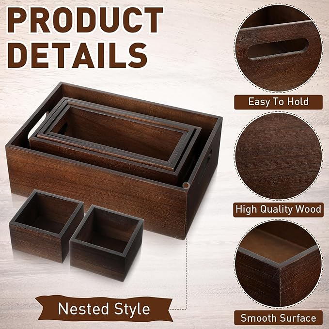 Set of 6 Wood Storage Boxes with Handles Wooden Nesting Crates Rustic Farmhouse Storage Container for DIY Crafts Party Home Table Decoration Display(Brown)