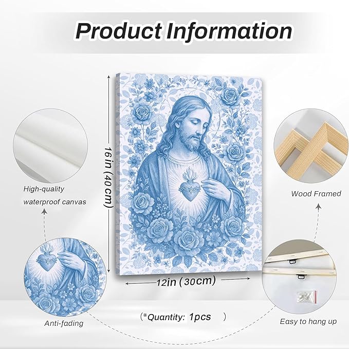 Blue Sacred Heart of Jesus Canvas Wall Art Divine Mercy Wall Decor Jesus Portrait Pictures Catholic Artwork Christian Religious Poster Prints for Bedroom Living Room Prayer Room Church 12x16in