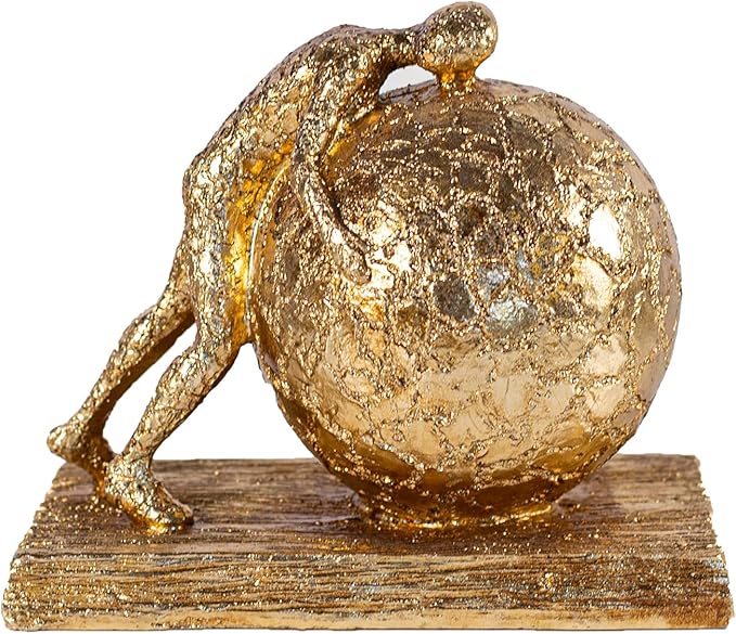 Art Deco Gold Sphere Sculpture, Struggler Figurine Decor, Ball Lifting Sculpture, Creative Ornament for Office Living Room, Resin 9in