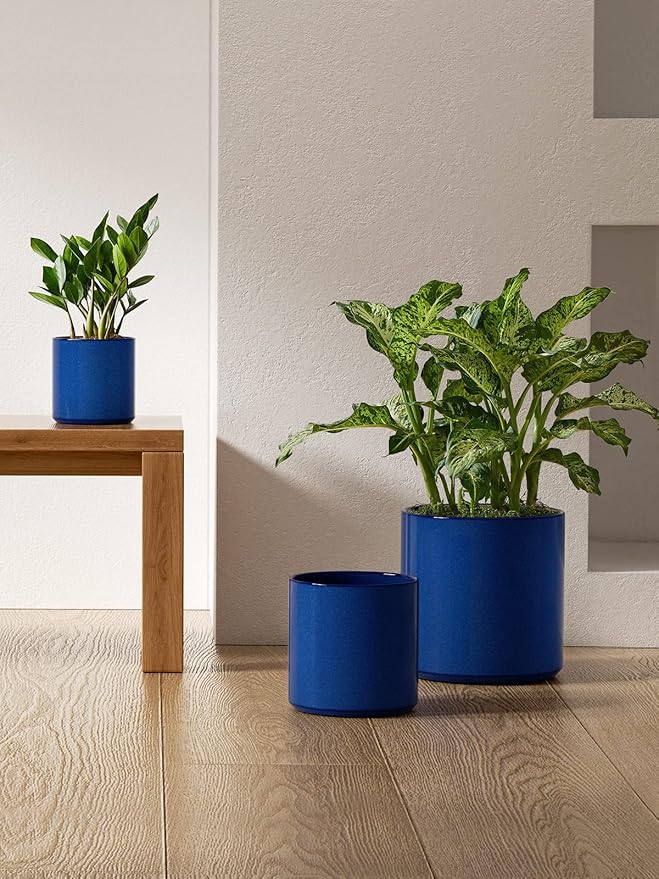 LE TAUCI Ceramic Pots for Plants, 10/8/6 Inch Indoor Planters with Draiange Hole, Silicone Plug & Mesh Pad, Modern Minimalist Pots for Home Office, Set of 3, Glossy, Midnight Blue
