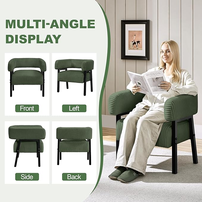 Yaheetech Corduroy Barrel Accent Chair, Modern Upholstered Armchair with Solid Wood Legs, Cozy Leisure Chair with Pocket Coiled Seat for Living Room, Bedroom, Reading Nook Dark Green