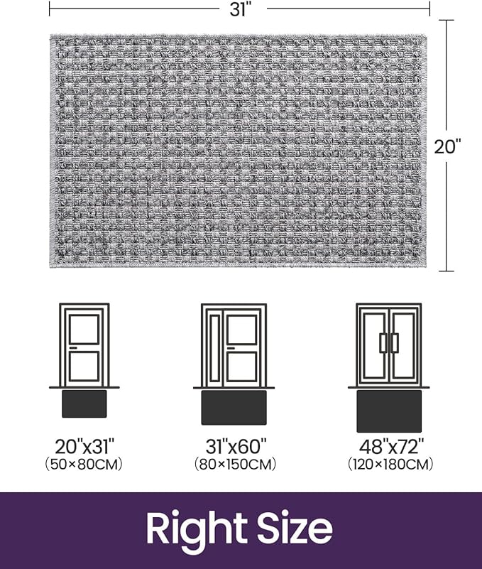 DEXI Dirt Trapper Door Mat, 20x31 Washable Doormat, Dirt Resistant and Absorbent, Easy Clean Low-Profile Floor Rugs for Entryway, Front Door, and Inside Entrance, Checkered Grey