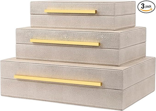 Ivory Shagreen Box Set Of 3 Faux Leather Decorative Boxes, Large Modern Nesting Storage Decorative Boxes with Lids for Home Decor Stacking jewelry Box Organizer