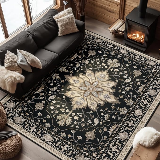 RELEANY Area Rugs 6'x9' Washable Non-Slip, Floral Vintage Distress Print Pattern Medallion Carpet for Living Room Bedroom Dining Room, Black Brown Neutral Dark Tan