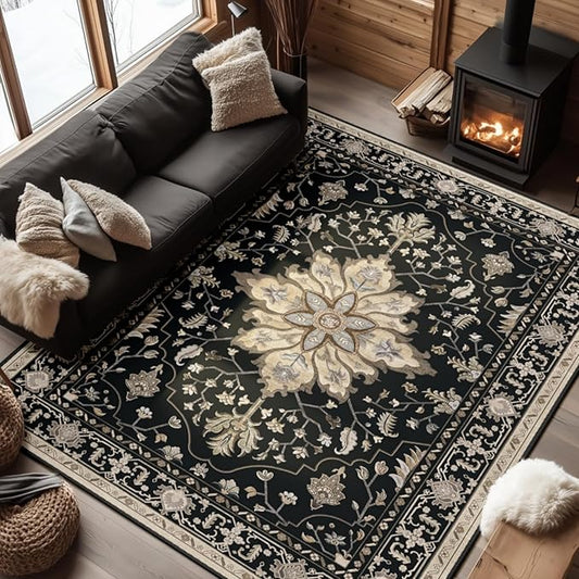 RELEANY Area Rugs 6'x9' Washable Non-Slip, Floral Vintage Distress Print Pattern Medallion Carpet for Living Room Bedroom Dining Room, Black Brown Neutral Dark Tan