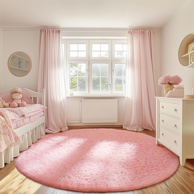 Ophanie Round Rugs 8Ft Pink Circle Area Rug, Fluffy Fuzzy Bedroom Carpet, Plush Soft Shaggy Indoor Floor Kawaii Living Room Rugs for Kids, Cute Room Decor for Teen Girls Home Decor Aesthetic, Nursery