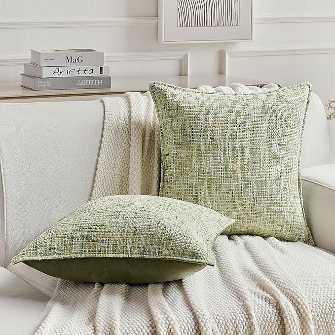 FUTEI Light Green Decorative Throw Pillow Covers 16x16 Inch Set of 2,Soft Chenille Tweed Textured Cushion Case,Modern Home Decor for Couch Bed Living Room
