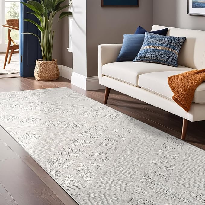 Luul Home Modern Micro Loop Indoor Runner Rugs for Living Room Bedroom Kitchen Geometric Square White 2x7 Luxury Durable Low and High Pile Non-Shedding Stain Resistant Soft Area Carpet 2 x 7