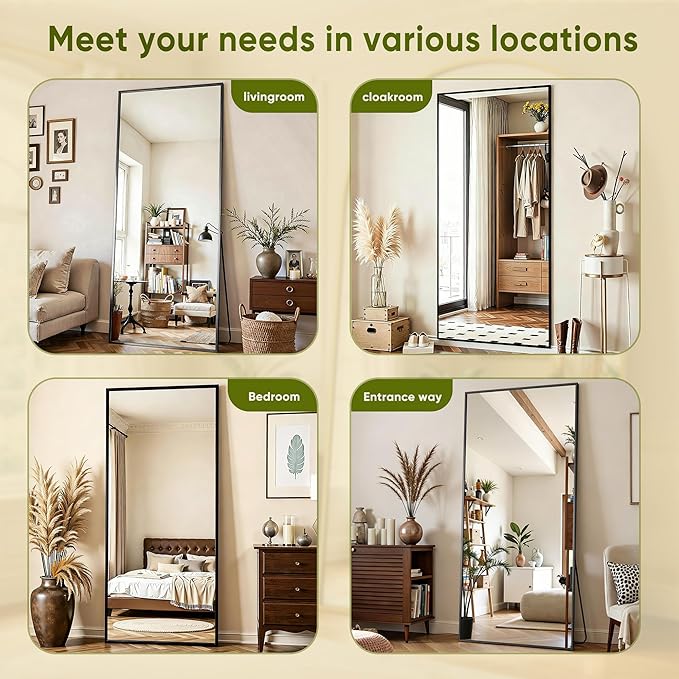 Full Length Mirror, 59"x18" Full Body Mirror, Floor Mirrors with Stand, Body Mirrors Standing Hanging Leaning Against Wall,Aluminum Frame Mirrors for Bedroom Cloakroom,Living Room,Black