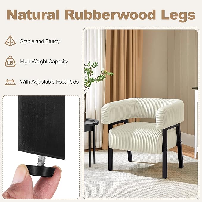 Yaheetech Corduroy Barrel Accent Chair, Modern Upholstered Armchair with Solid Wood Legs, Cozy Leisure Chair with Pocket Coiled Seat for Living Room, Bedroom, Reading Nook Beige