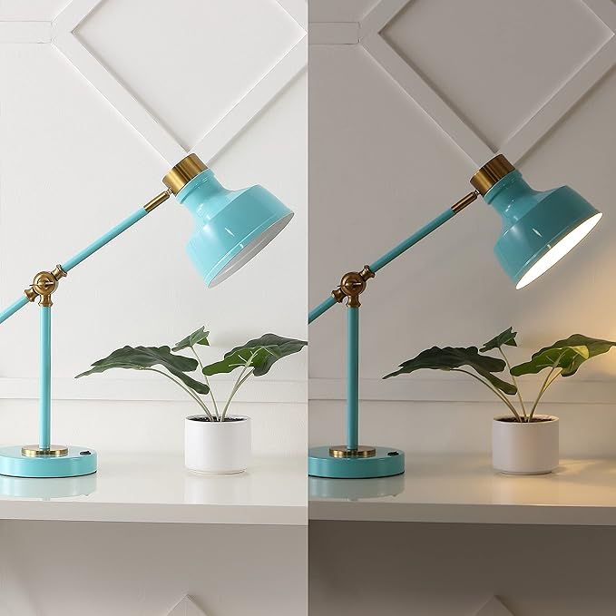 JONATHAN Y JYL7124C Allegra 18.5" Adjustable Cantilever LED Task Lamp, USB Charging Port, Classic, Coastal, Industrial, Farmhouse, Traditional for Bedroom, Living Room, Office, Cyan/Brass Gold