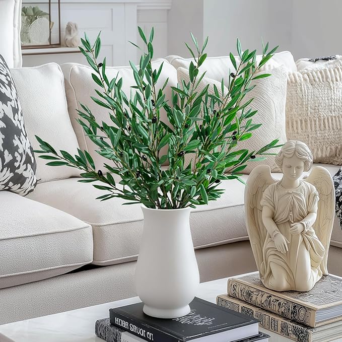 8PCS Premium Artificial Olive Branches for Vases - Realistic PU & Silk Faux Greenery Stems, 3 Sizes, Bendable Wire Stems, Low Maintenance Home/Office/Holiday Decor(No Vase
