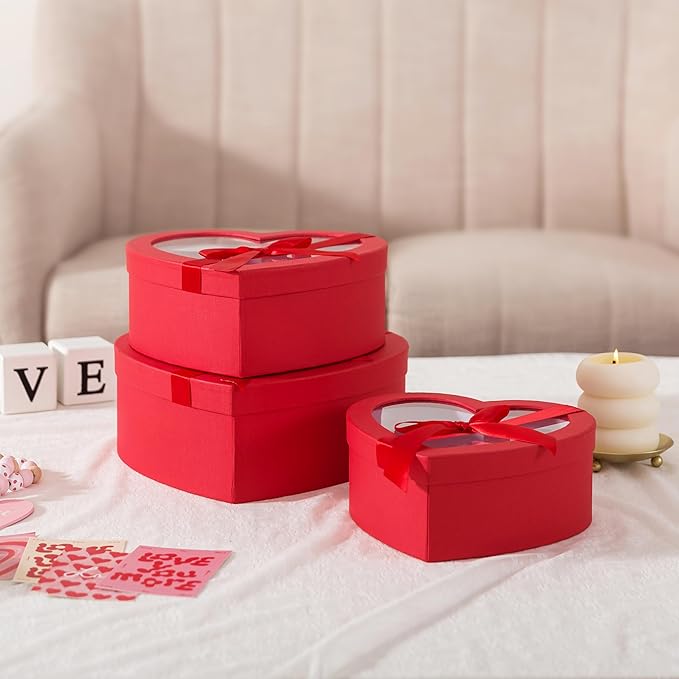 Soul & Lane Red Heart Shaped Gift Boxes with Clear Lids and Decorative Bows: Set of 3 Cardboard Heart Boxes for Flowers, Chocolates, Large Box for Flower Arrangements and Valentine’s Day Presents