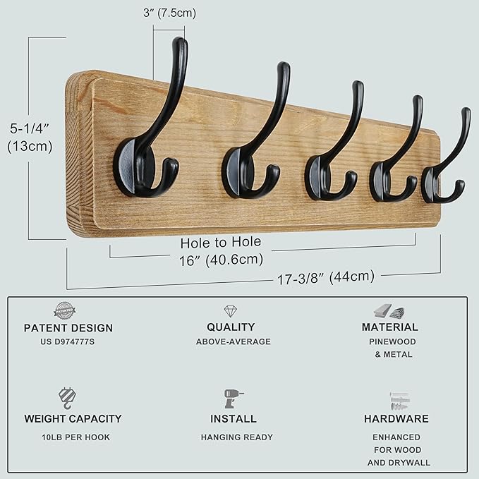 Dseap Coat Rack Wall Mount: Modern, Patented, Heavy-Duty, 17.4" Long 5-Double-Hooks Wooden Hanger Hook Rail for Winter Coats Hat Jacket Clothing, Black