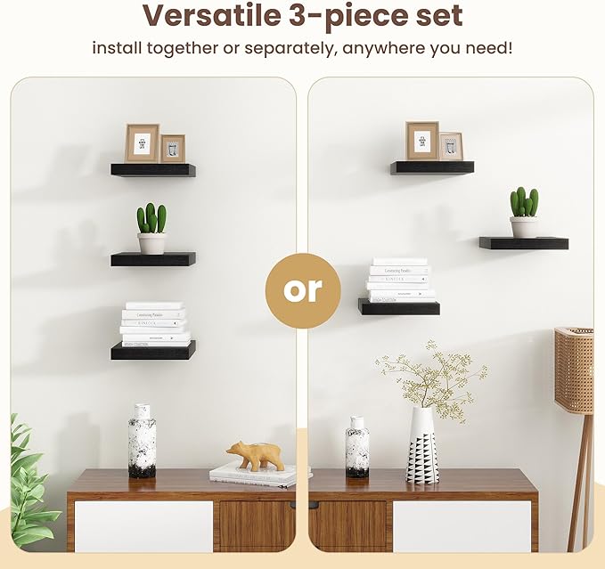 Fun Memories Floating Shelves for Wall - 12 Inch Square Shelves with Invisible Brackets, Black Small Wall Shelf for Living Room, Bathroom, Bedroom, and Kitchen Decor，Set of 4