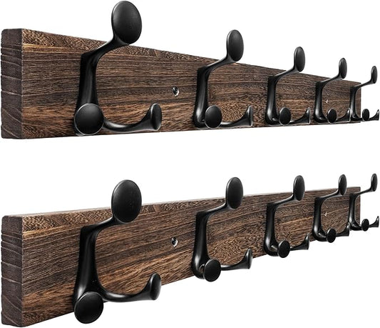 SKOLOO 30-Inch Wood Burnt Coat Rack Wall Mount with 5 Triple Hooks - Ideal for Family Entrances, Classrooms, and Pet Supplies Storage - Perfect Coat Hooks for Wall, Pack of 2