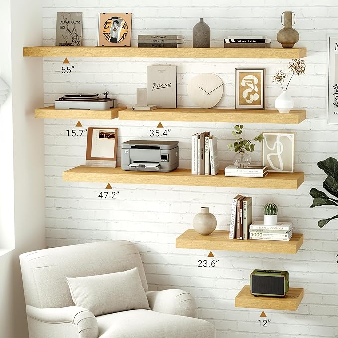 Vivelove 12 Inch Deep Floating Shelves 23.6 inch Long, Thick Wall Shelves with Invisible Brackets, for Bedroom Bathroom Living Room Kitchen Office, Rustic Farmhouse Decor, 23.6x12x1.5 Set of 2, Oak