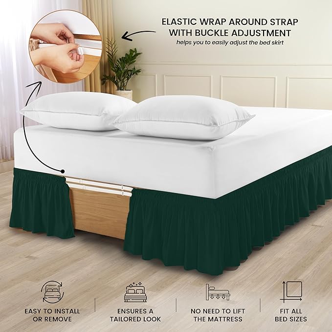 Utopia Bedding Queen Elastic Bed Ruffle - Easy Wrap Around Ruffle - Microfiber Bed Skirt with Adjustable Elastic Belt 16 Inch Tailored Drop - Hotel Quality Bedskirt, Fade Resistant (Queen, Emerald)