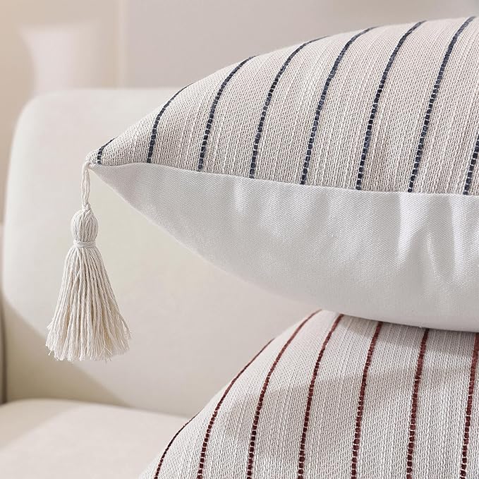 QDTTSRY Boho Throw Pillow Covers 20x20 Inch Set of 2, Textured Linen Striped Square Pillow Covers with Tassels, Soft & Cozy Farmhouse Décor Pillow Cases for Sofa Couch Bed Living Room, Green