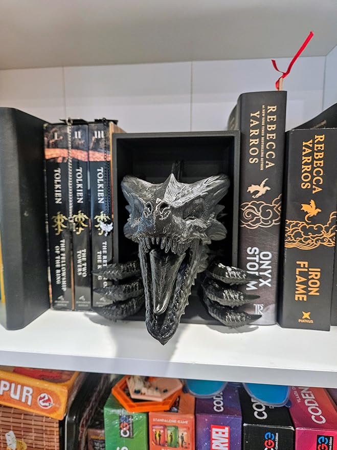 Dragons Awakening Book End – Fantasy Book Nook Insert for Dragon Readers – Unique Home Decor for Bookshelves & Libraries (Black - 2 Arms)